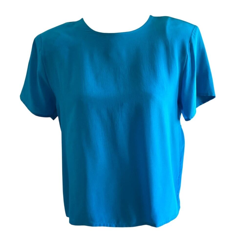 80s Vintage Silk Blouse Size 10P Teal Short Sleeve Top Corpcore Quiet Luxury